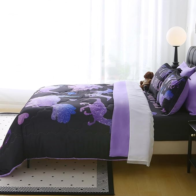7 Piece Girls Dinosaur Comforter Set Full Size Violet Dinonsaur Soft Microfiber Bed in A Bag with Comforter,Sheet Set,Pillowcase and Sham for Child Teens All Season