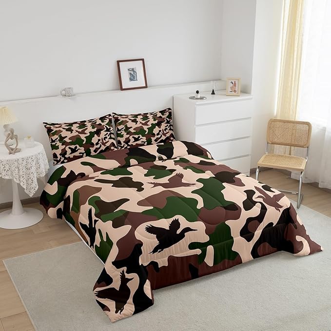 Erosebridal Duck Hunter Comforter Set Toddler Size Camo Bedding for Kids Army Camouflage Hunting Bedding Comforter Sets Vintage Green Black Bedroom Decor Wild Animal Duck Rustic Duvet Insert