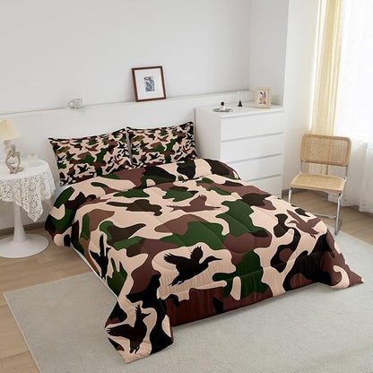 Erosebridal Duck Hunter Comforter Set Toddler Size Camo Bedding for Kids Army Camouflage Hunting Bedding Comforter Sets Vintage Green Black Bedroom Decor Wild Animal Duck Rustic Duvet Insert