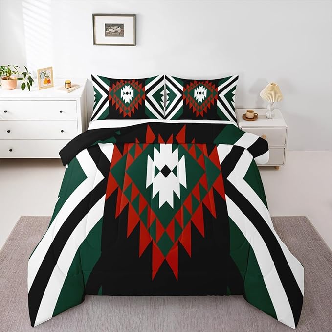 Feelyou Southwestern Aztec Tribal Comforter Set Red Green Boho Western Full Size Bedding Set for Kids Boys Girls Vintage Geometric Duvet Quilt