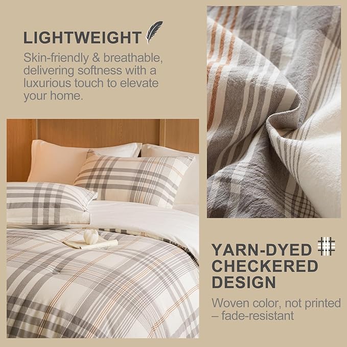 100% Cotton Comforter Set King Size – Reversible Yarn-Dyed Checkered Design, Soft Washed Cotton on Both Sides, Lightweight All-Season Bedding, Machine Washable(Grey White Plaid, 104”x90”)