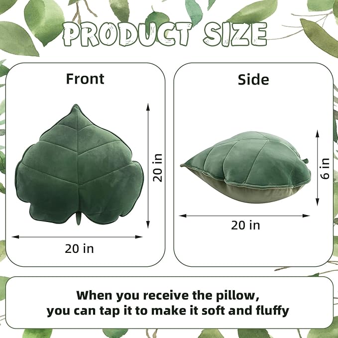 Leaf Throw Pillows Cute Novelty Plant Plush Cushion Backrest Pillow Home Decoration for Car, Bedroom, Sofa, Couch, Living Room, 19.7in/50CM