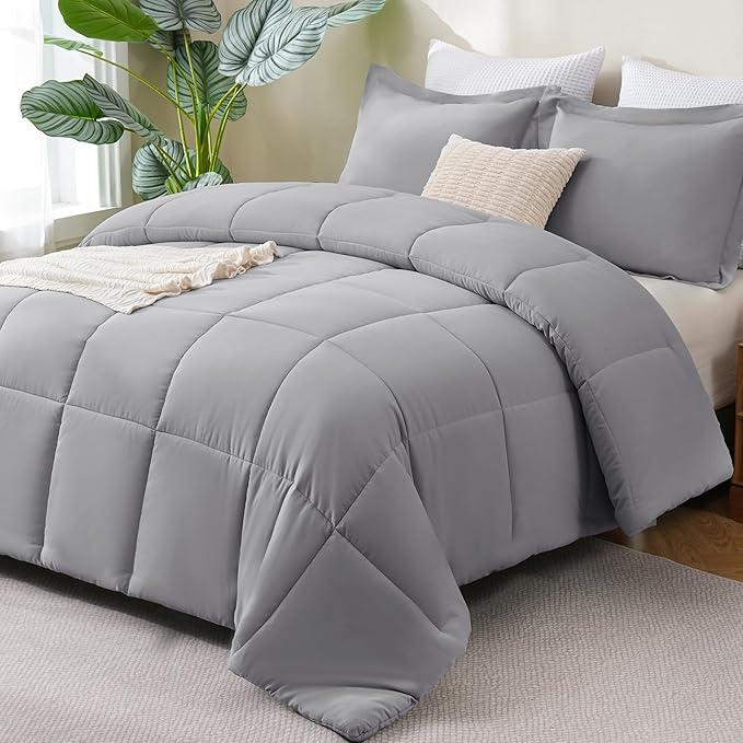 CozyLux Queen Comforter Set - Grey Comforters Queen Size, 3 Pieces Box Stitched Bed Set for All Seasons, Soft Lightweight Bedding Sets with 1 Down Alternative Comforter and 2 Pillow Shams