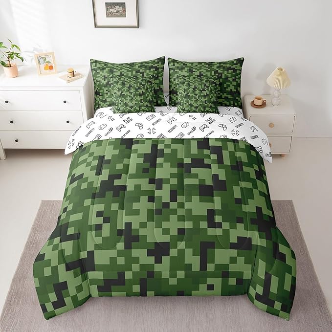 Green Camo 7Pcs Comforter Set Queen,Army Green Camouflage Bedding Set for Kids Boys Teens Men Room Decor,Geometric Grid Patchwork Fitted Flat Sheet Reversible Gamepad 2 Throw Pillow,2 Pillowcases