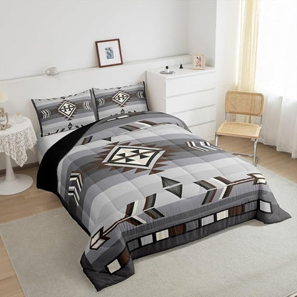Erosebridal Rustic Western Full Comforter Set American Native Southwestern Bedding Set for Boys Men Bohemian Aztec Quilt Bedding Sets Exotic Ethnic Tribal Bed Set Brown Grey Farmhouse Decor 3 Pcs