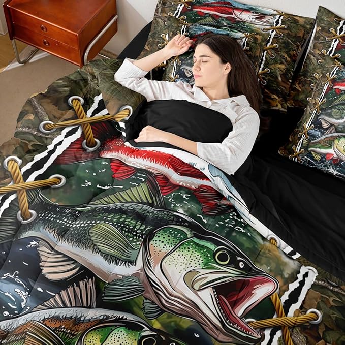 Erosebridal Camo Bedding Set Bass Pike Fish Comforter Set 7 Piece Bed in a Bag Twin | Mens Hunting Country Comforter and Sheet Set, Woodland Animals Camouflage Cabin Bed Sets,Rustic Farmhouse Decor