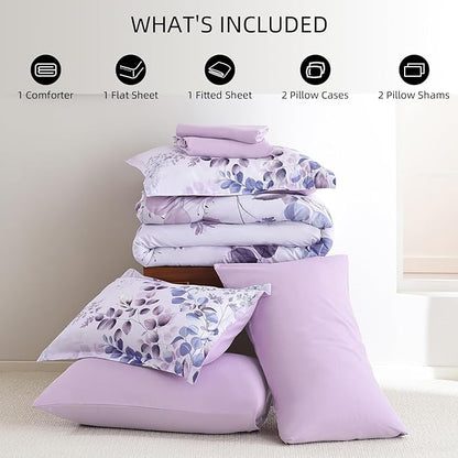 Xruibed Purple Comforter Set Queen Size 7 Pieces Bed in a Bag, Botanical Floral Print Bed Sets, Elegant Flower Comforter with Sheet Set, Soft Microfiber Bedding Set for All Season (Purple, 90"x90")