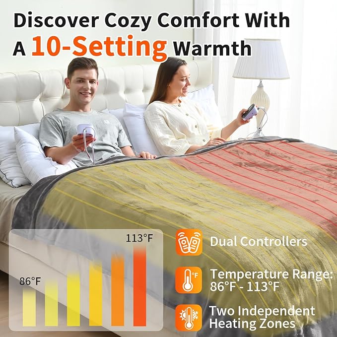 Heated Blanket Queen Size 84" x 90", Electric Blanket with 0.5-12 Hours Timer & 10 Heating Levels, ETL Certified, Marble Gray Double-Sided Faux Fur, Machine Washable