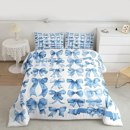 Castle Fairy Cute Bow Comforter Set Queen Size,Blue Bow Bedding Set 3Pcs for Kids Teens Adults Room Decor,Bows Grid Duvet Insert Fashion Preppy Quilted Duvet Sets,2 Pillowcases