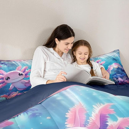 Erosebridal Kawaii Axolotl Comforter Set for Kids Boys and Teens Room, Salamander Animal Bedding Set Toddler Size, Ocean Life Down Comforter,Underwater World Sea Animal Quilt, Breathable Room Decor