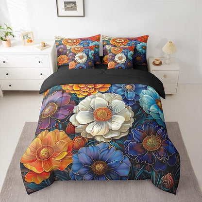 Erosebridal Floral King Comforter Set Boho Flowers 7-Piece Bed in A Bag Garden Pony Rainbow Colorful Dreamy Sheets and Pillowcases Gold White Bed Sets