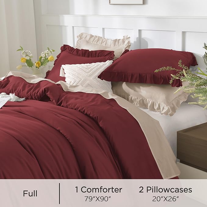 Andency Burgundy Comforter Set Full Size, 3 Pieces Solid Ruffle Shabby Chic Bedding Comforter Sets, All Season Lightweight Fluffy Soft Microfiber Bedding Set (79x90 Comforter & 2 Pillowcases)