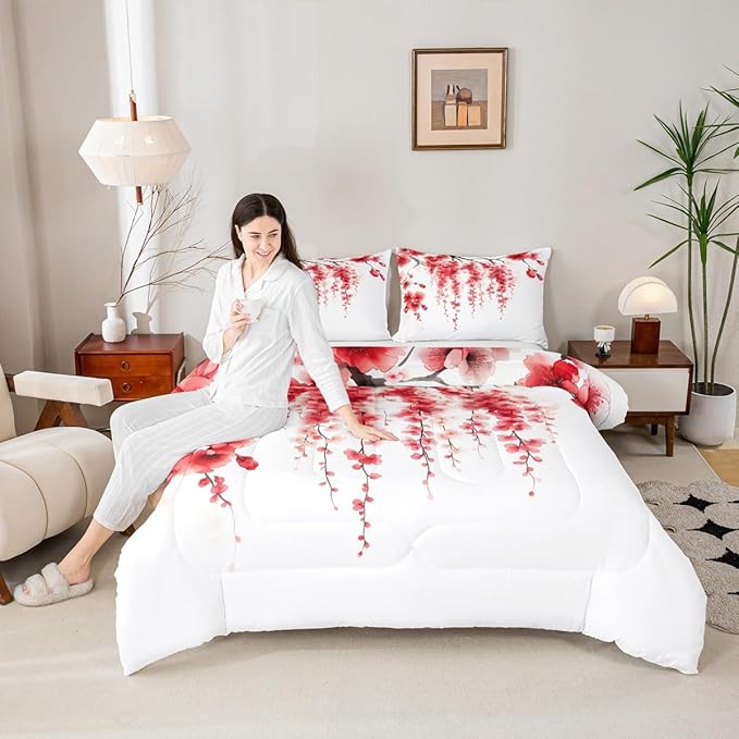 Manfei Red Flower Comforter Set King Size, Watercolor Cherry Blossom Bedding Set 3pcs, Japanese Style Pink Floral Print Down Comforter, Kids Girls Women Room Decor, 2 Pillowcases, No Sheets