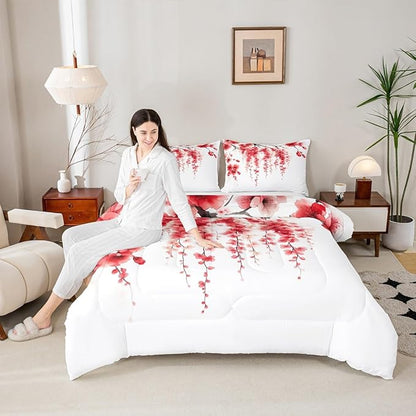 Manfei Red Flower Comforter Set King Size, Watercolor Cherry Blossom Bedding Set 3pcs, Japanese Style Pink Floral Print Down Comforter, Kids Girls Women Room Decor, 2 Pillowcases, No Sheets
