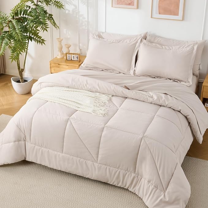 7 Pieces Full Comforter Set - Utral Soft Microfiber Bedding Set, Thick Duvet Insert Bed in a Bag Without Rustling Noise for All Season, Beige (82"x86")