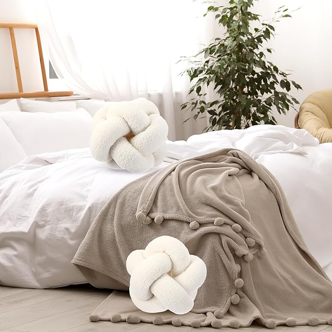 2 Pcs Knot Pillow Balls, 12 Inch Soft Home Decorative Round Stylish Throw Pillow Cute Handmade Knotted Aesthetic Ivory Circle Pillows for Living Room Couch Sofa Decor (White)