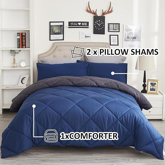 Queen Comforter Set Blue - 3 Pieces Luxury Soft and Lightweight Down Alternative Bedding Set Fluffy Blanket Quilt for All Season 1 Comforter(88"×88") & 2 Pillow Shams(20"×26")