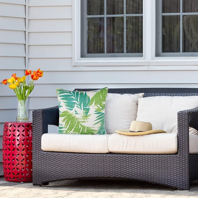 JMGBird Outdoor Pillows Set of 2 with Inserts - 18x18 Waterproof Throw Pillows for Patio Furniture, White Blue Palm Leaf Decorative Cushions