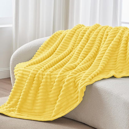 BEDELITE Twin Blanket for Couch & Bed, 300GSM Soft & Warm Fleece Blanket, Decorative and Giftable Striped Custard Yellow Blankets for Women, Men, 60"x80"