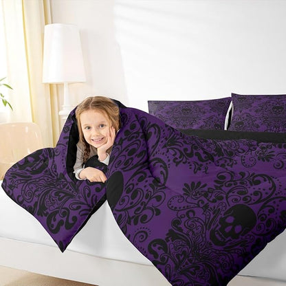 Feelyou Adults Gothic Skull Bedding Set King Size Kids Damask Print Comforter Goth Bohemian Duvet Breathable Soft Lightweight Microfiber Black Purple Room Decor with 2 Pillowcases