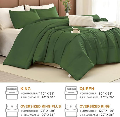 Masaca Olive Green Oversized King Comforter 120"x120",Pinch Pleat Dark Green Farmhouse Boho Bedding Set,3 Pieces Soft Lightweight Fluffy California King Comforter Set for All Season
