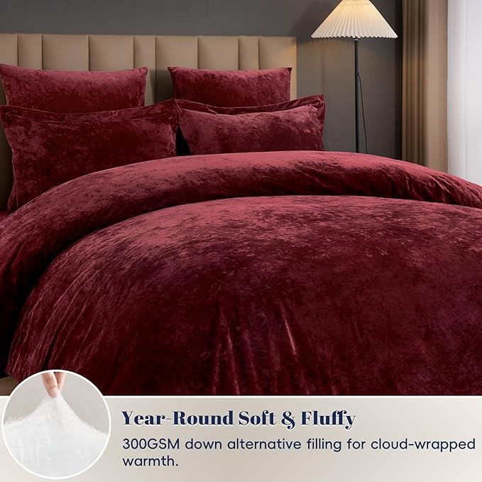 PHF Crushed Velvet Comforter Set King Size, 5-Piece Luxury Winter Bedding Sets with 2 Euro Shams, Heavyweight Warm Fluffy Velvet Bed Spread, Glam Home Decor, Wine Red/Burgundy