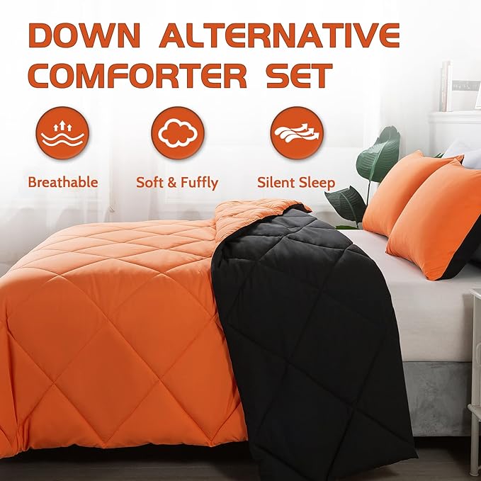 Decroom Lightweight Twin Comforter Set with 1 Pillow Sham - 2 Pieces Set - Quilted Down Alternative Comforter/Duvet Insert for All Season - Orange/Black - Twin/Twin XL Size