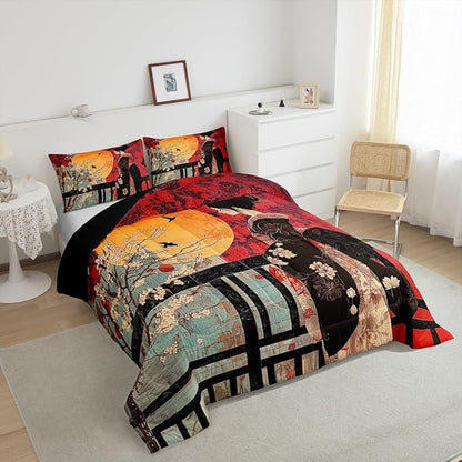 Erosebridal Japanese Style Comforter Set, Cherry Blossoms Down Comforter Full Size for Kids Girls Women Bedroom Decor, Sakura Flower Bedding Set, Japan Ukiyo-E Quilt, Red, Lightweight