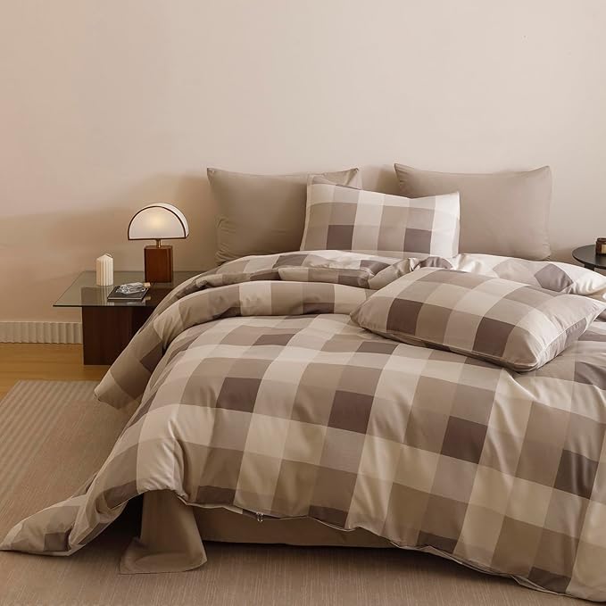 CLOTHKNOW Buffalo Plaid Comforter Set California King 3Pcs Tartan Bedding Comforter Sets Khaki Brown Beige Geometric Comforter Cal King Sets with 2 Pillowcases