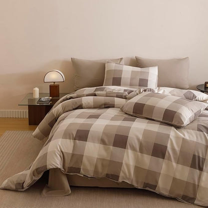CLOTHKNOW Buffalo Plaid Comforter Set California King 3Pcs Tartan Bedding Comforter Sets Khaki Brown Beige Geometric Comforter Cal King Sets with 2 Pillowcases