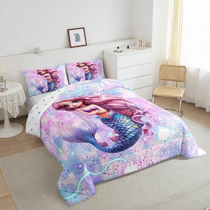 Kawaii Mermaid Bedding Set Full Size Colorful Glitter Stars Sky Galaxy Comforter Set for Girls Kids Teens Cartoon Dream Fairy Tale Style Quilted Duvet Set Room Decor 3Pcs,Reversible Colorful