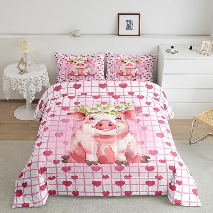 Cute Pig Bedding Set Queen, Cherry Blossoms Comforter Set For Girls Kids, Cartoon Pet Animal Duvet Set, Pink Grid Heart Pattern Lattice Quilted Duvet, Farmhouse Bedding Comforters, All Season