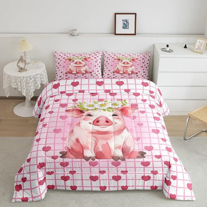 Cute Pig Bedding Set Queen, Cherry Blossoms Comforter Set For Girls Kids, Cartoon Pet Animal Duvet Set, Pink Grid Heart Pattern Lattice Quilted Duvet, Farmhouse Bedding Comforters, All Season