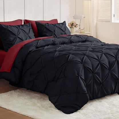 JOLLYVOGUE Full Size Comforter Sets 7 Pieces - Bed in a Bag Full for All Season, Pintuck Bedding Comforter Sets with Comforter, Flat Sheet, Fitted Sheet and Pillowcases & Shams, Black & Burgundy