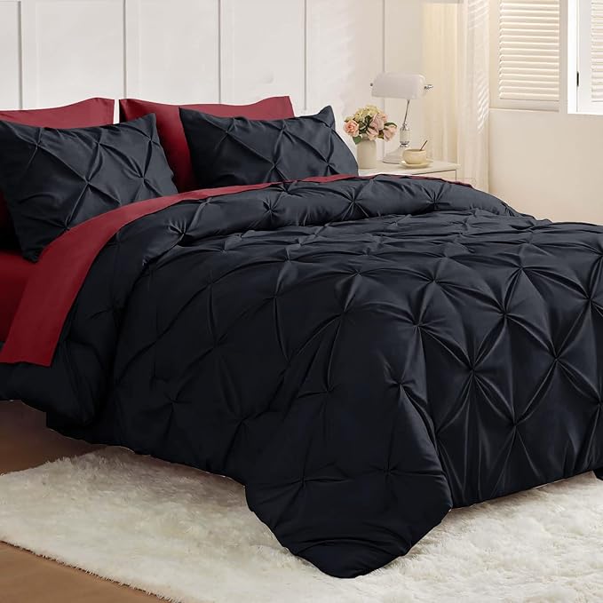 JOLLYVOGUE King Size Comforter Set 7 Pieces - Bed in a Bag King for All Season, Pintuck Bedding Comforter Sets with Comforter, Flat Sheet, Fitted Sheet and Pillowcases & Shams, Black & Burgundy