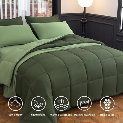 Queen Size Comforter Set - 8 Piece Green All-Season Luxury Bedding with Reversible Lightweight Comforter, Bed Skirt, Flat Sheets, Pillowcases & Pillow Shams