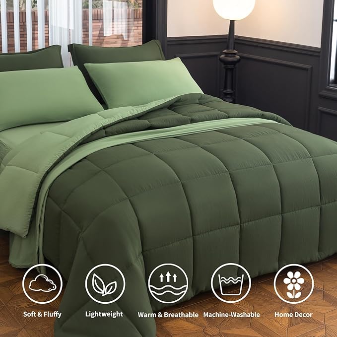 Twin XL Comforter Set - 7 Piece Green All-Season Bedding with Ultra Soft Reversible Lightweight Comforter, Bed Skirt, Flat Sheets, Pillowcases & Pillow Shams