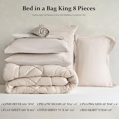 Newspin King Comforter Set Beige - Bed in a Bag King Size 8 Pieces, All Season Bed Set, Fluffy Comforter Set with Sheets, Sheet Set Quilt Blanket, Pillowcases & Shams & Bed Skirt