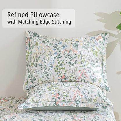 Floral Cotton Comforter Queen Size - Botanical Wildflower Pattern with Soft Pestel Accents on White, Textured Dusty Green Back, 3PC Lightweight Bedding Set with Down Alternative Fill(90"×90")