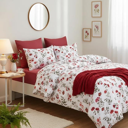 Nayoroom Vintage Floral Comforter Set Queen Size Watercolor Red Flower Botanical Leaf Pattern Spring Bedding Set 3 Pieces Soft Lightweight Aesthetic Garden Comforter for All Seasons