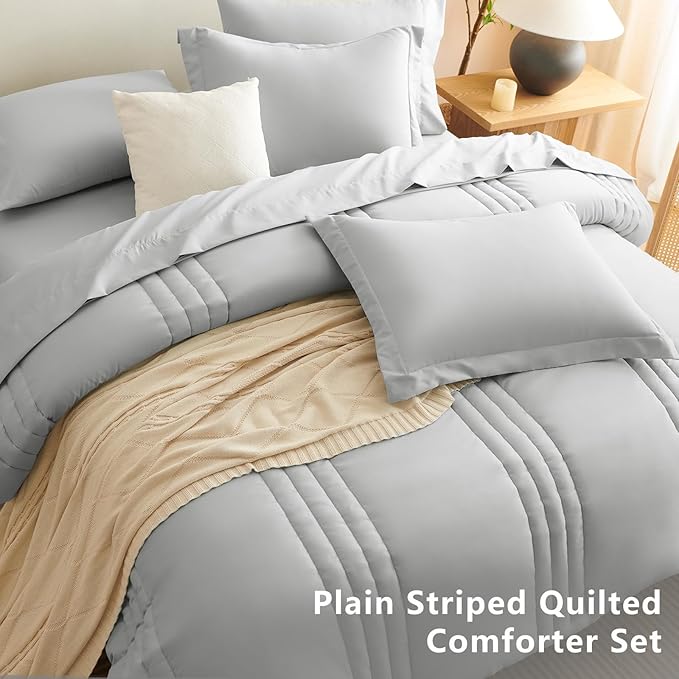 CozyLux Full Comforter Set - 7 Pieces Bed in a Bag Light Grey Comforter Set with Sheets Luxury Bed Set All Seasons, Soft Bedding Set with Down Alternative Comforter, Sheets, Pillowcases & Shams