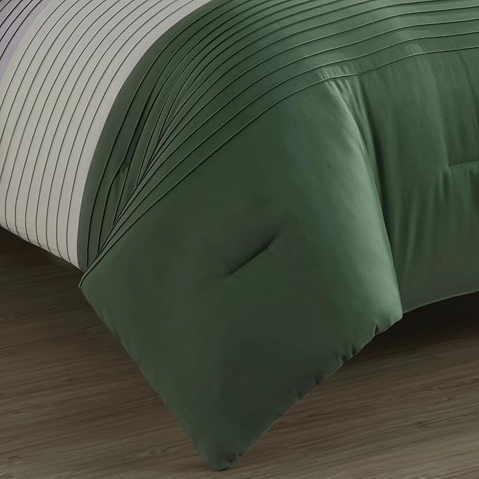 Chezmoi Collection Briar 7-Piece Queen Bed in a Bag - All Season Lightweight Microfiber Comforter Set - Includes Sheets & Shams - Forest Green/Gray/Cream Pleated Stripe Design