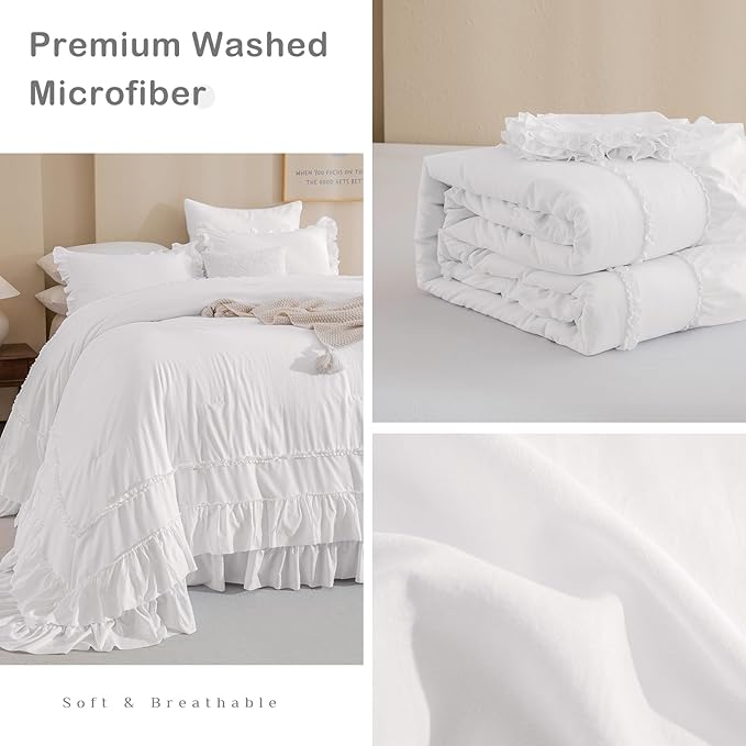 Masaca Oversized King Comforter 128x120,Farmhouse Shabby Boho Chic Ruffled Bedding Comforter Set,3Pcs Netural White Ruffle Comforter Rustic French Country Extra Large King Size Bedding Set