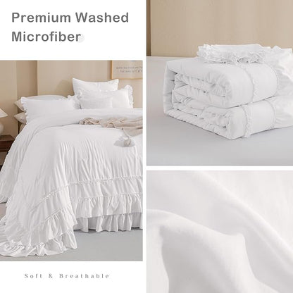 Masaca 120x120 Oversized King Comforter,Farmhouse Shabby Boho Chic Netural White Ruffle California King Comforter Set French Country Rustic Bedding 3PCS (1 Ruffled Comforter+2 Pillow Shams)