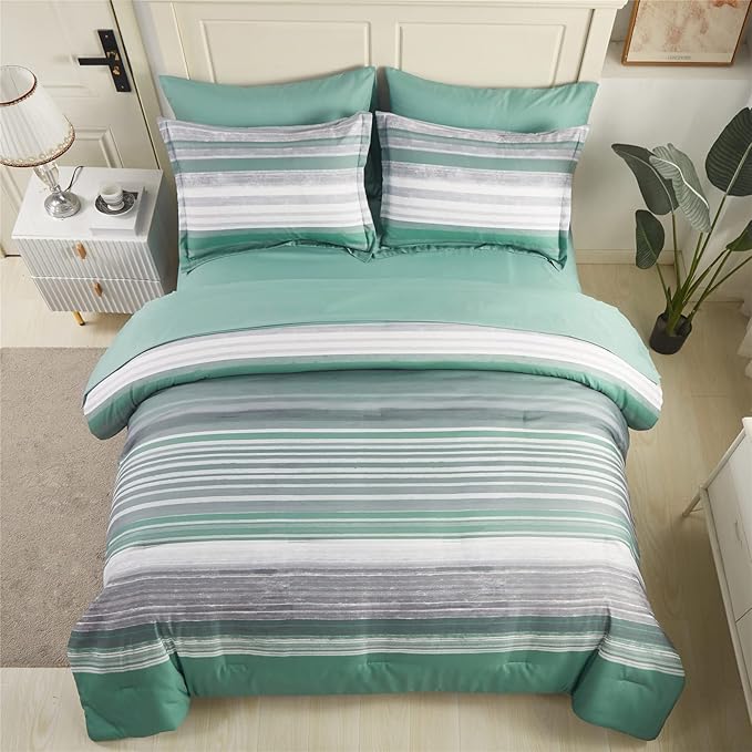 KAKIJUMN 7 Piece Bed in a Bag Stripe Comforter Set Queen Size, White Grey Sage Green Patchwork Striped Comforter and Sheet Set, All Season Soft Microfiber Complete Bedding Sets(Green,Queen)