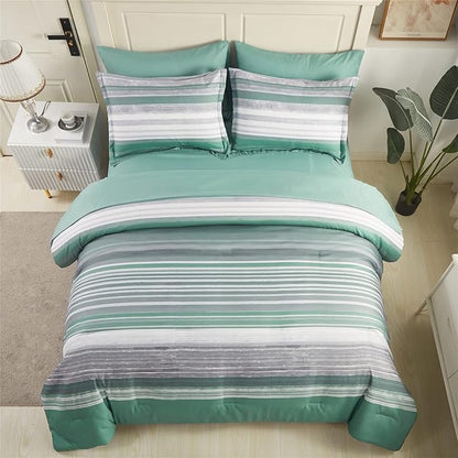 KAKIJUMN 7 Piece Bed in a Bag Stripe Comforter Set Queen Size, White Grey Sage Green Patchwork Striped Comforter and Sheet Set, All Season Soft Microfiber Complete Bedding Sets(Green,Queen)