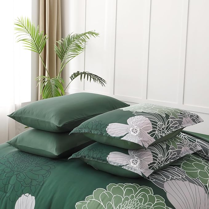 Yiran 7 Pieces King Size Comforter Set,Dark Green Floral Bed in a Bag Comforter and Sheet Set, Soft Microfiber Lightweight Bedding Set for All Season 104"×90"