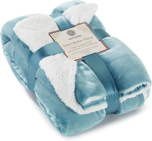 Genteele Sherpa Throw Blanket Super Soft Reversible Ultra Luxurious Plush Blanket, 60 x 80 inches, Tourmaline Blue/White
