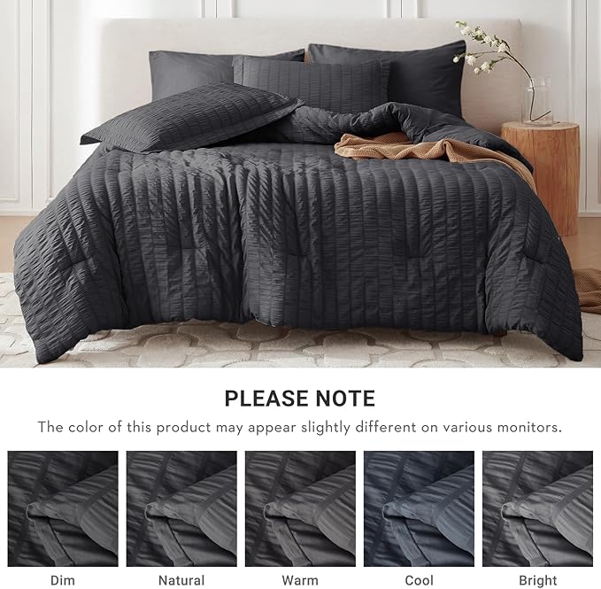 MUXHOMO 5 Pieces Twin Comforter Set, Seersucker Bed in a Bag Twin Size, All Season Luxury Bedding Set with Comforter, Flat Sheet, Fitted Sheet, Pillowcase & Sham, Dark Grey
