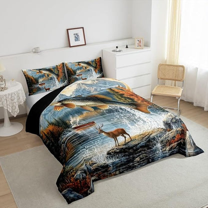 Erosebridal Fishing and Hunting King Bedding Set,Big Bass Pike Fish Comforter Set for Kids Boys Men,Hunting Deer Comforter,Rustic Mountain Cabin Bedroom Room Decor,2 Pillowcases Breathable